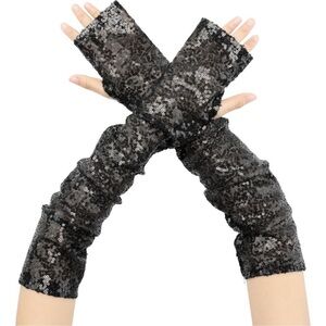 Women's Sequin Black Sparkly Fingerless Long Arm Sleeve Warmers Gloves Party
